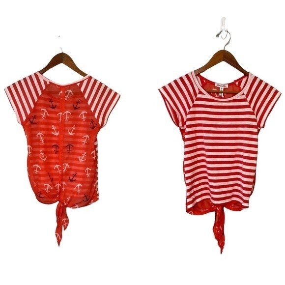 Aeropostale Nautical Stripe Sheer Tie Waist Anchor Print Top Short Sleeve Sailor - Picture 1 of 16